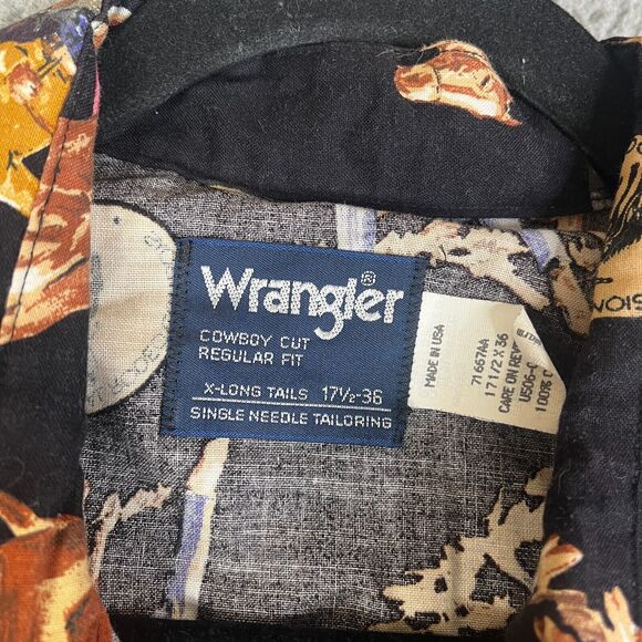 VTG Wrangler PRCA Shirt Mens 17 1/2 36 Black Button All Over Print Rodeo Ranch - Picture 10 of 13